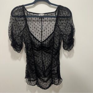 Free People Intimately Women’s Medium Black Mesh Polka Dot Top Blouse Sheer